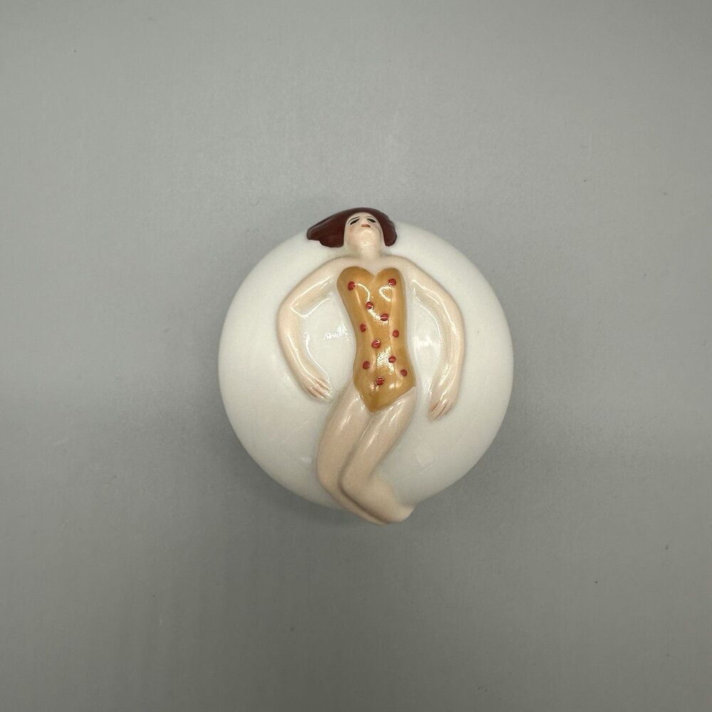 Vintage 1970s Porcelain Paperweight Lady Sunbather Swimsuit Round White